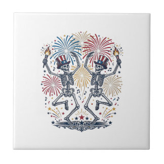 Patriotic Dancing Skeletons Fireworks 4th of July  Ceramic Tile