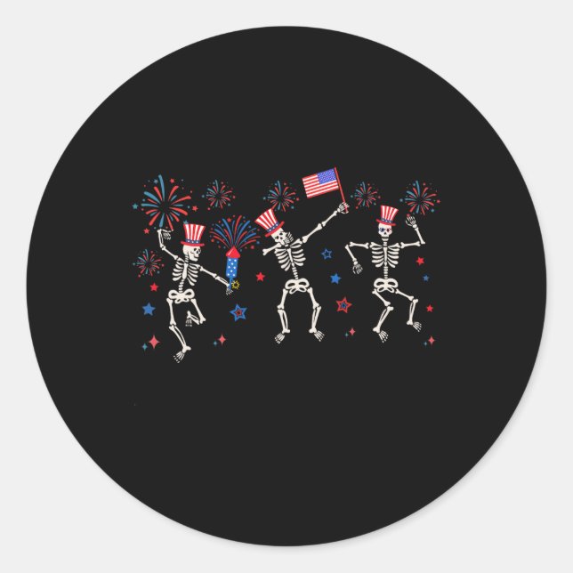 Patriotic Dancing Skeletons Funny Fourth Of July  Classic Round Sticker (Front)