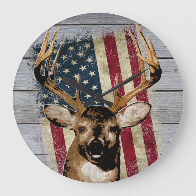 Patriotic Deer Hunting Décor Large Clock (Front)