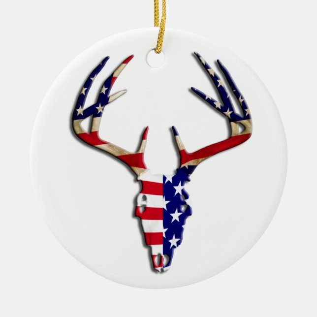 Patriotic Deer Hunting skull Ceramic Tree Decoration (Front)