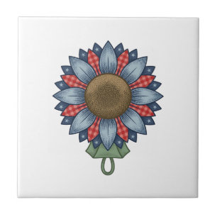 Patriotic Denim Sunflower Ornament Vintage Ceramic Tile