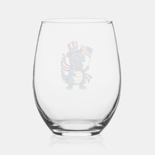 Patriotic Dinosaur Vintage Vector Shirt Design_1 Stemless Wine Glass