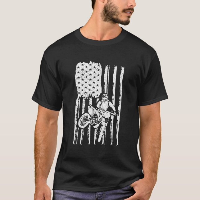 Patriotic Dirt Biking American Flag Rider Motocros T-Shirt (Front)