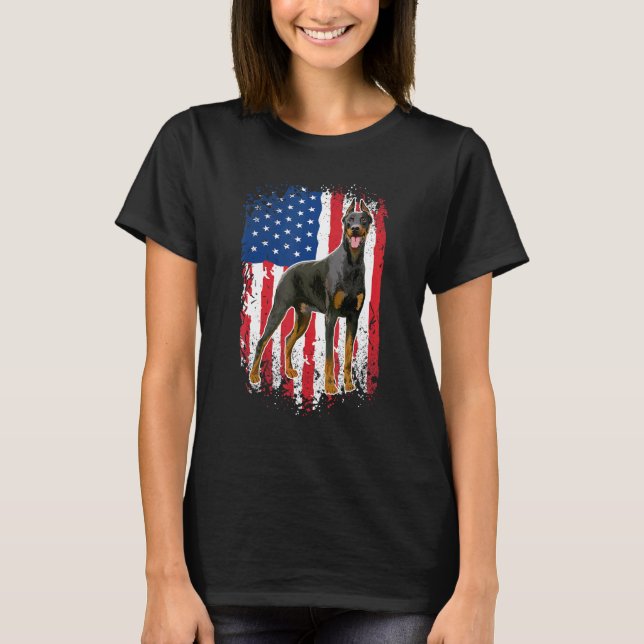 Patriotic Doberman Pinscher Dog American Flag USA T-Shirt (Front)