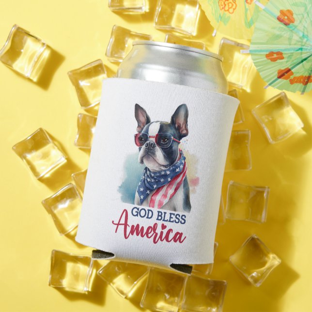 Patriotic Dog-Boston Terrier Can Cooler (In Situ Summer)