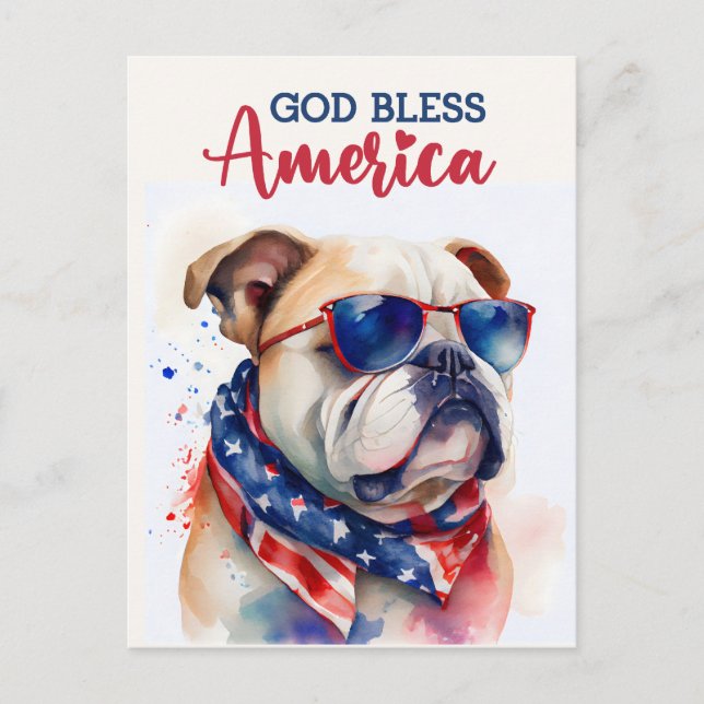 Patriotic Dog-Bulldog, God Bless America Postcard (Front)