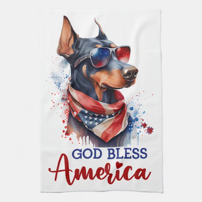 Patriotic Dog- Doberman Tea Towel (Vertical)
