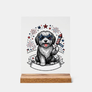 Patriotic Dog Fireworks Vintage Vector Shirt_1 Acrylic Sign