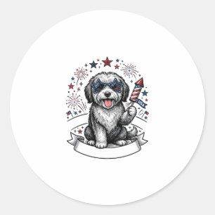 Patriotic Dog Fireworks Vintage Vector Shirt_1 Classic Round Sticker
