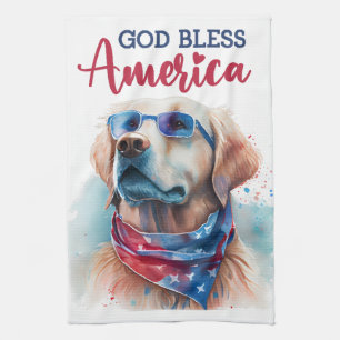Patriotic Dog-Golden Retriever Tea Towel