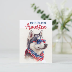 Patriotic Dog-Husky, God Bless America Postcard
