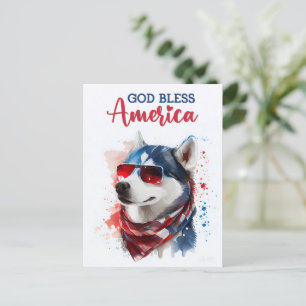 Patriotic Dog-Husky, God Bless America Postcard