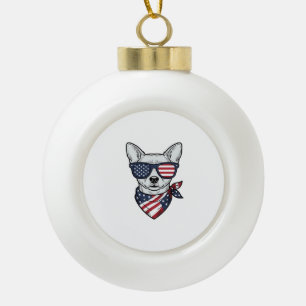 Patriotic Dog with Flag Sunglasses Vintage Vector Ceramic Ball Christmas Ornament