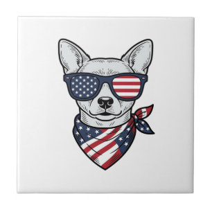 Patriotic Dog with Flag Sunglasses Vintage Vector Ceramic Tile