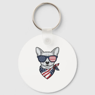 Patriotic Dog with Flag Sunglasses Vintage Vector Key Ring