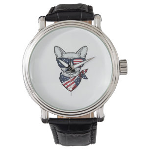 Patriotic Dog with Flag Sunglasses Vintage Vector Watch