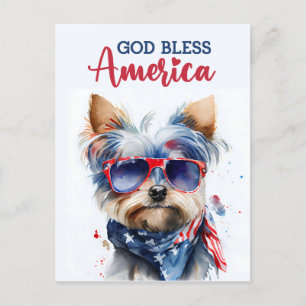 Patriotic Dog-Yorkie, God Bless America Postcard