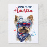 Patriotic Dog-Yorkie, God Bless America Postcard