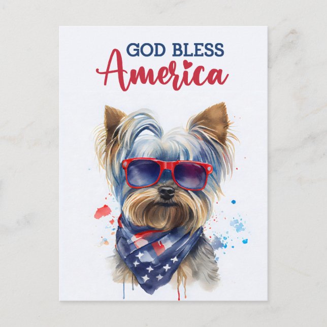 Patriotic Dog-Yorkie, God Bless America Postcard (Front)