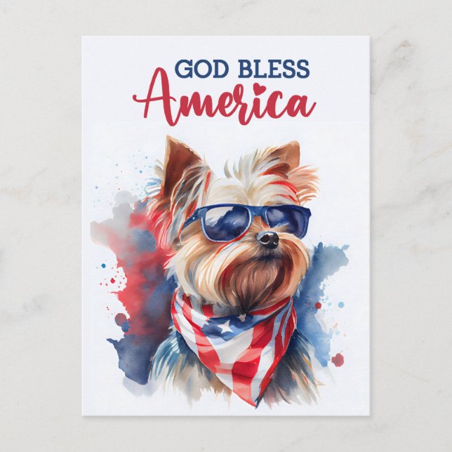 Patriotic Dog-Yorkie, God Bless America Postcard (Front)
