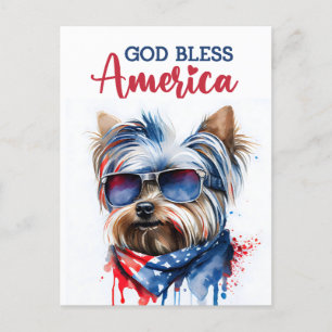 Patriotic Dog-Yorkie, God Bless America Postcard