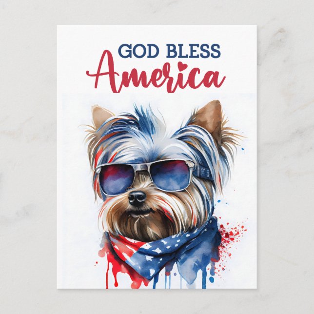 Patriotic Dog-Yorkie, God Bless America Postcard (Front)