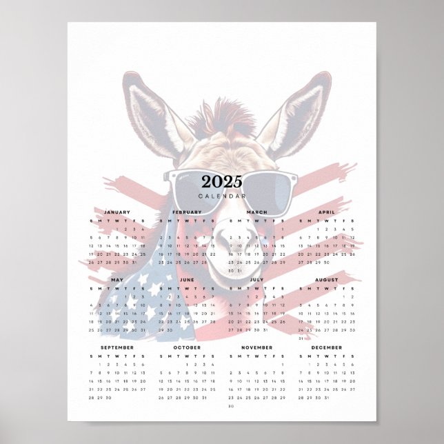 Patriotic Donkey Red White and Blue 2025 Calendar Poster (Front)