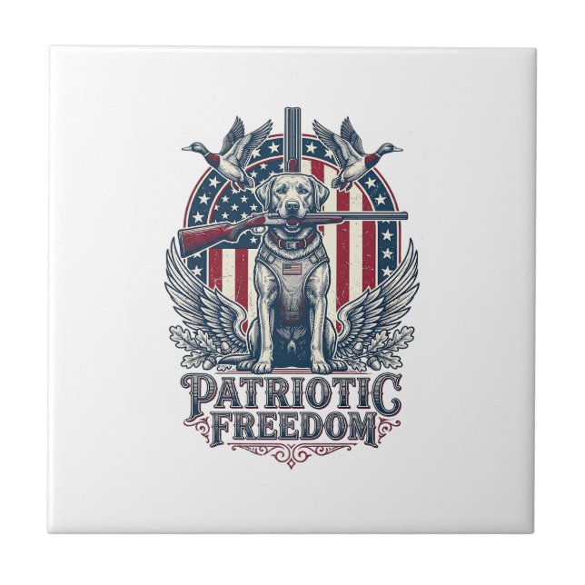 Patriotic Duck Hunter Dog Vector Graphic Tee_1 Ceramic Tile (Front)