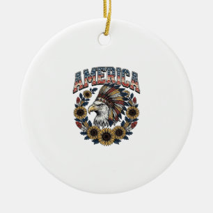 Patriotic Eagle America Sunflower Vintage Ceramic Ornament