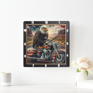 Patriotic Eagle Motorcycle Desert Square Wall Clock
