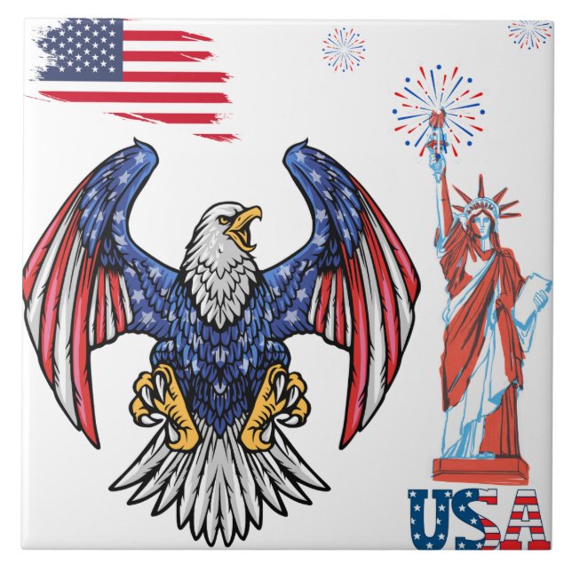 Patriotic Eagle with USA Flag Design Ceramic Tile (Front)