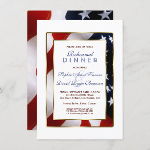 Patriotic, Elegant USA Flag Gold Rehearsal Dinner Invitation