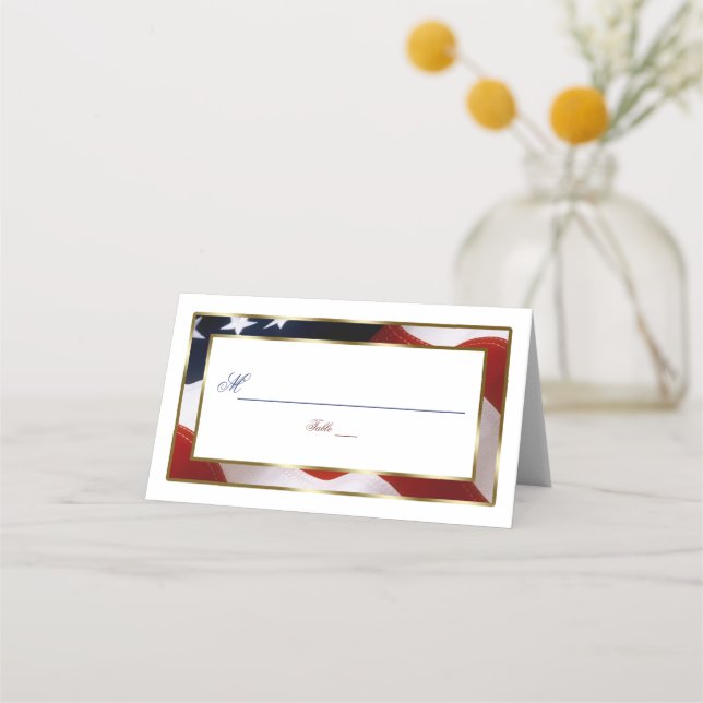 Patriotic, Elegant USA Flag Gold Table Number Place Card (Front)