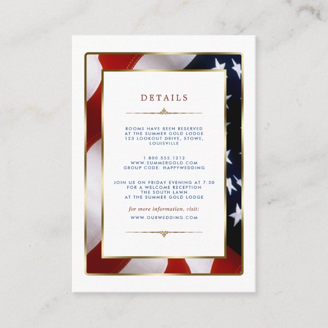 Patriotic, Elegant USA Flag Gold Wedding Details Enclosure Card (Front)