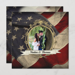 Patriotic, Elegant USA Flag Wedding w Photograph Invitation