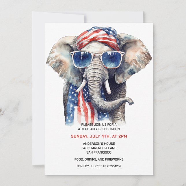Patriotic Elephant 4th Of July Invitations (Front)