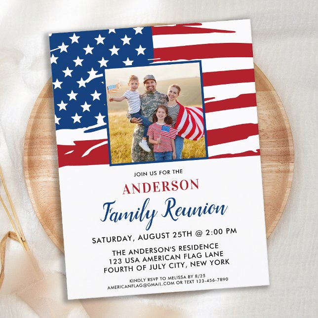 Patriotic Family Reunion American Flag Photo Invitation Postcard (Creator Uploaded)