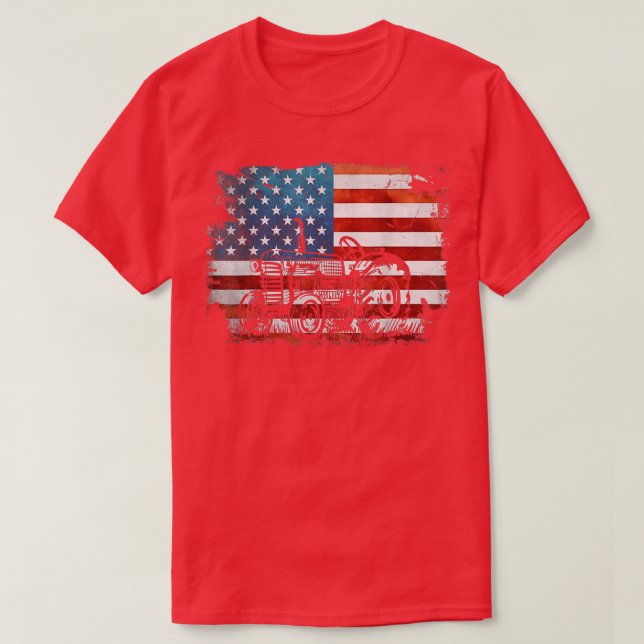 Patriotic Farmer American Flag Tractor 4th Of July T-Shirt (Design Front)