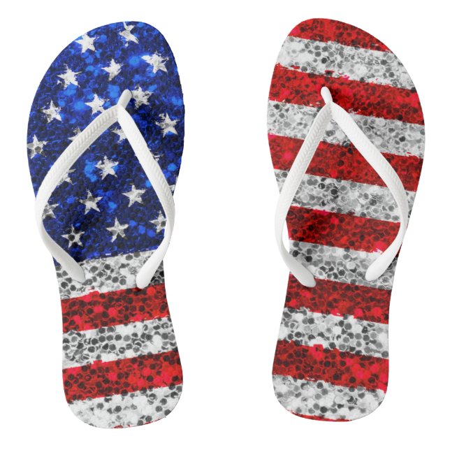 Patriotic Faux Glitter American Flag Stars Stripes Thongs (Footbed)