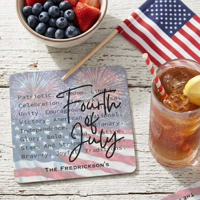 Patriotic Festive Fireworks Square Paper Coaster (Fourth of July drink coaster)