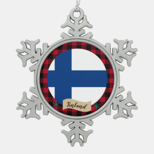 Patriotic Finland, buffalo plaid, Finnish Flag Snowflake Pewter Christmas Ornament