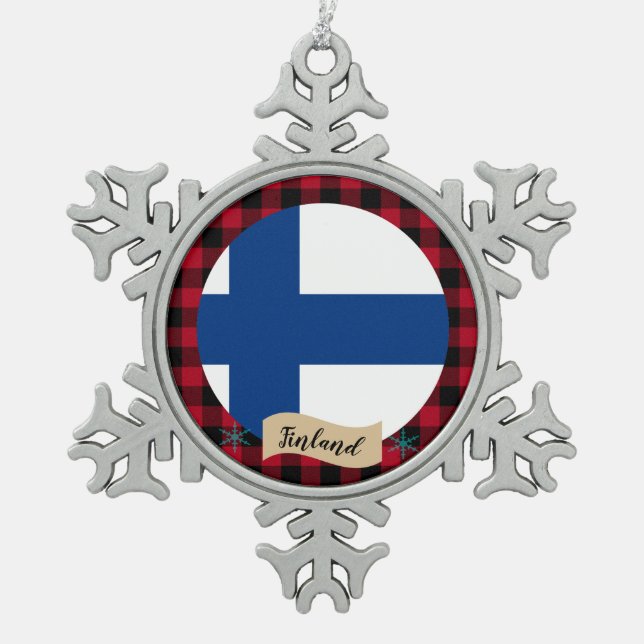 Patriotic Finland, buffalo plaid, Finnish Flag Snowflake Pewter Christmas Ornament (Front)