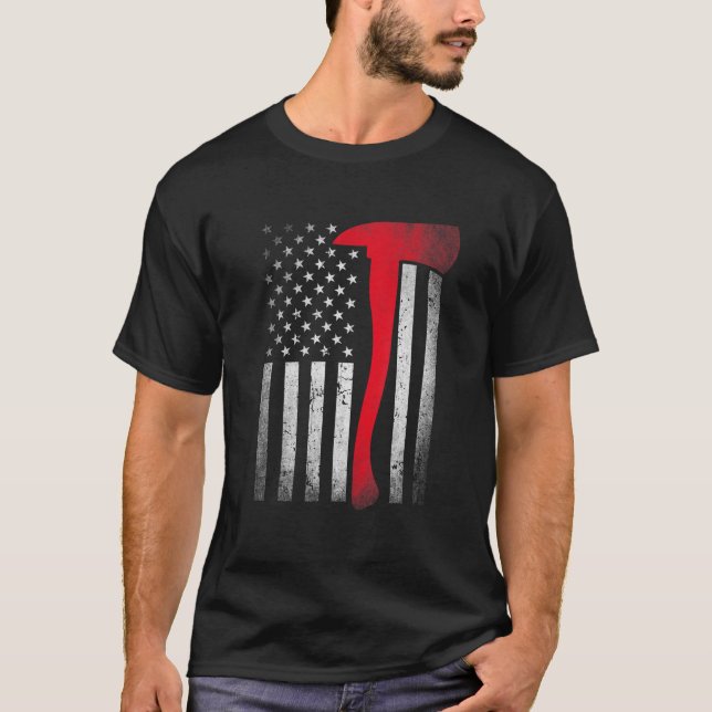 Patriotic Firefighter Fireman American Flag Axe Re T-Shirt (Front)