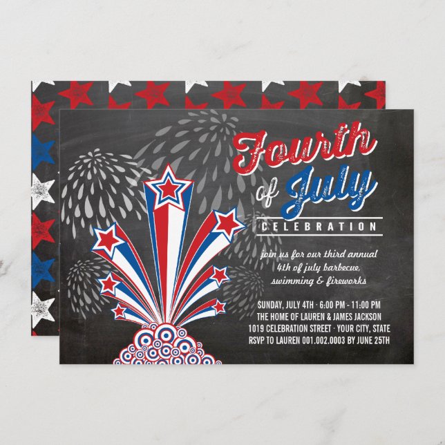 Patriotic Fireworks 4th of July Rustic BBQ Party Invitation (Front/Back)
