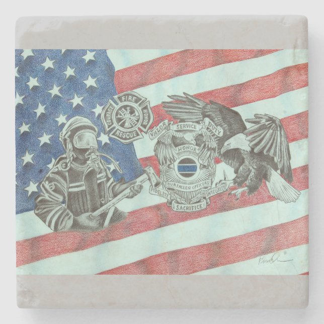 Patriotic First Responder  Stone Coaster (Front)
