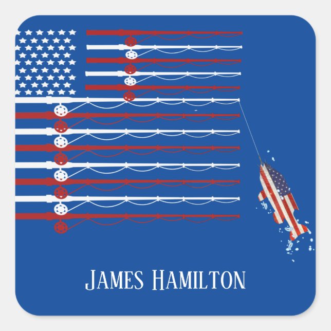 Patriotic fish on flag fishing rods square sticker (Front)
