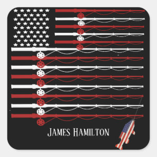 Patriotic fish on flag fishing rods square sticker