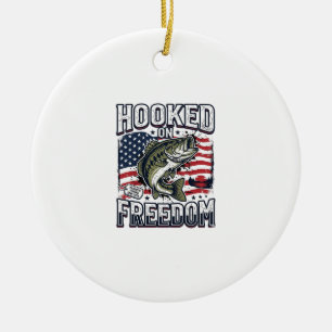 Patriotic Fishing Hooked On Freedom Vintage Bass Ceramic Ornament