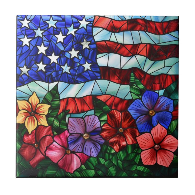 Patriotic Flag and Flowers Ceramic Tile (Front)
