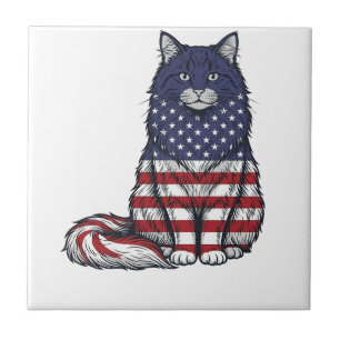 Patriotic Flag Cat Vintage Engraving Shirt Design_ Ceramic Tile